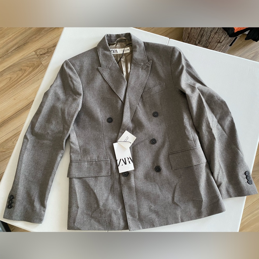 Zara Taupe Gray Double Breasted Wool Blazer Coat ZW Collection NWT - Picture 4 of 16